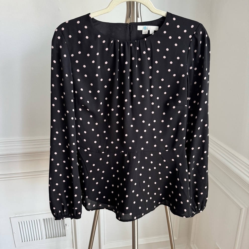 Boden Black and White Preppy Polka Dots Peplum Blouse Top Size 6